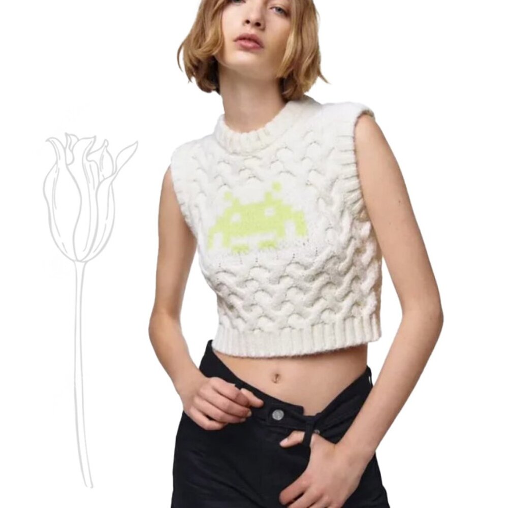 ZARA Limited Edition Chunky Cable Knit Space Invaders Sweater Vest - Picture 1 of 10